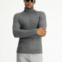 Medium Grey Melange Turtleneck Slim Fit Narrow Cut Patterned Wool Knit Sweater