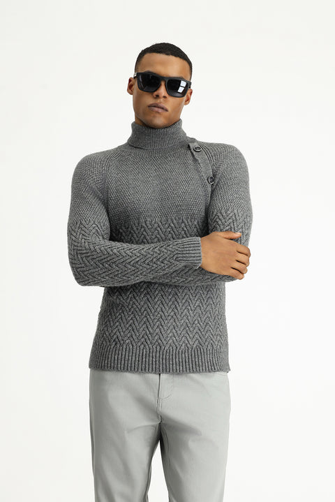 Medium Grey Melange Turtleneck Slim Fit Narrow Cut Patterned Wool Knit Sweater