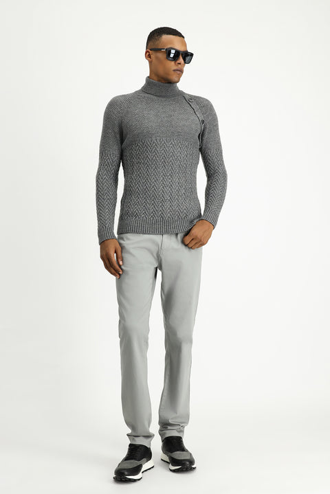 Medium Grey Melange Turtleneck Slim Fit Narrow Cut Patterned Wool Knit Sweater
