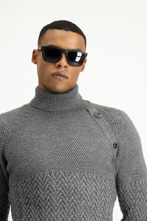 Medium Grey Melange Turtleneck Slim Fit Narrow Cut Patterned Wool Knit Sweater