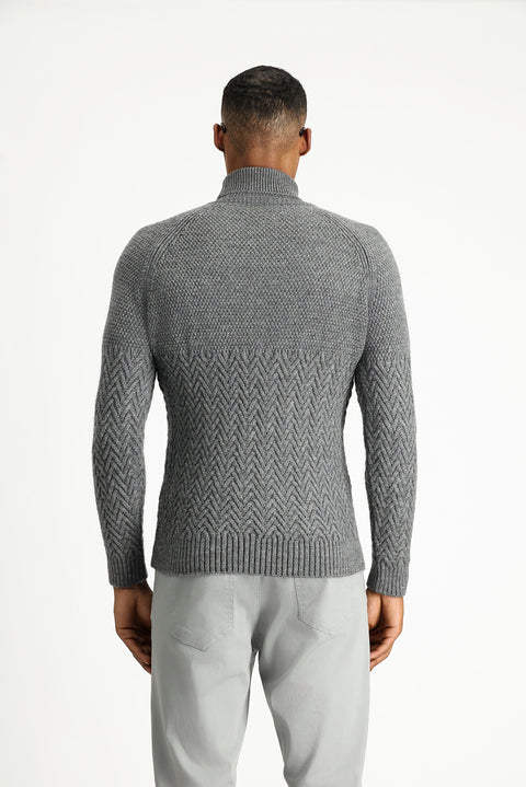 Medium Grey Melange Turtleneck Slim Fit Narrow Cut Patterned Wool Knit Sweater