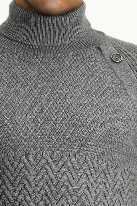 Medium Grey Melange Turtleneck Slim Fit Narrow Cut Patterned Wool Knit Sweater