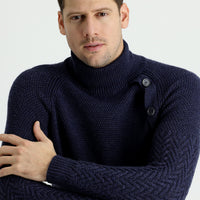 Medium Navy Melange Turtleneck Slim Fit Patterned Wool Knit Sweater