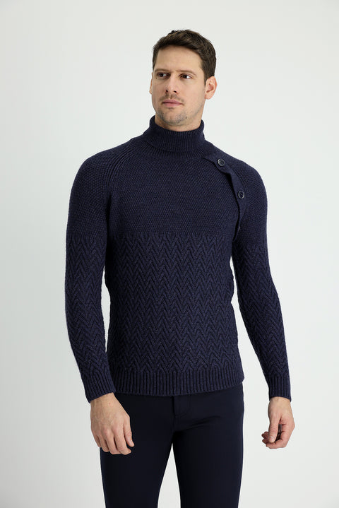 Medium Navy Melange Turtleneck Slim Fit Patterned Wool Knit Sweater