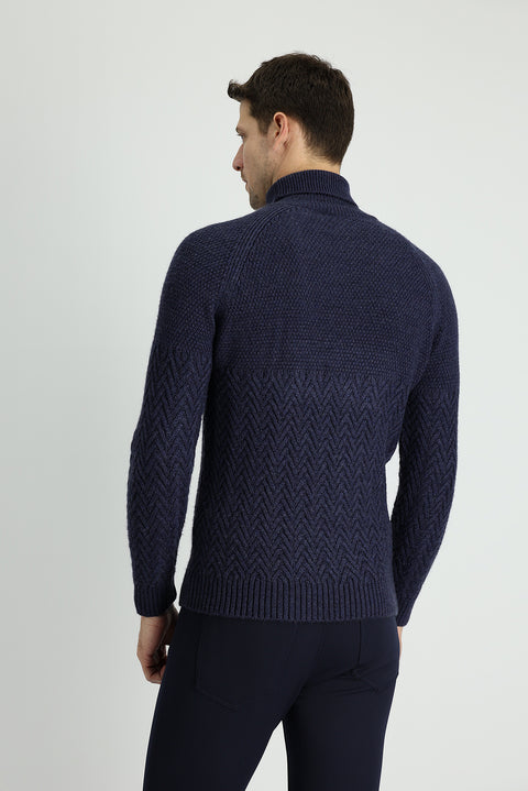 Medium Navy Melange Turtleneck Slim Fit Patterned Wool Knit Sweater