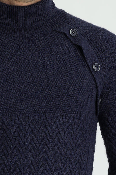 Medium Navy Melange Turtleneck Slim Fit Patterned Wool Knit Sweater