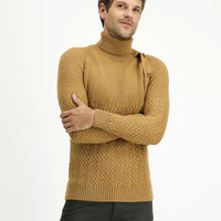Camel Turtleneck Slim Fit Patterned Wool Knit Sweater