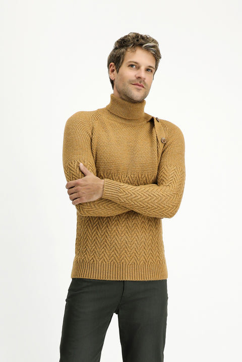 Camel Turtleneck Slim Fit Patterned Wool Knit Sweater