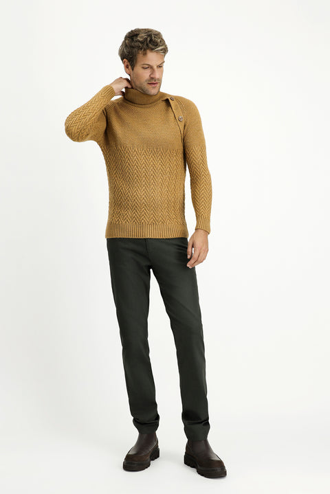 Camel Turtleneck Slim Fit Patterned Wool Knit Sweater