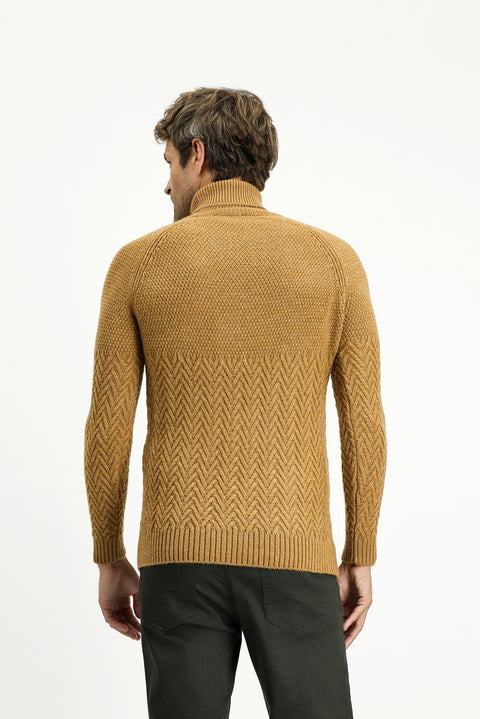 Camel Turtleneck Slim Fit Patterned Wool Knit Sweater