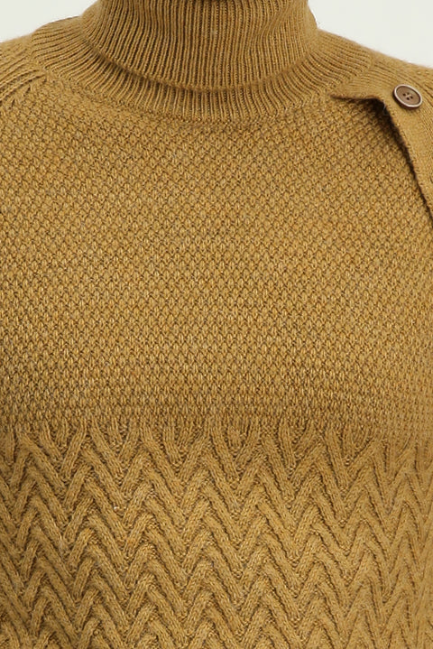 Camel Turtleneck Slim Fit Patterned Wool Knit Sweater
