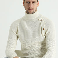 Off-white Turtleneck Slim Fit Patterned Wool Knit Sweater