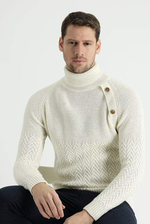 Off-white Turtleneck Slim Fit Patterned Wool Knit Sweater
