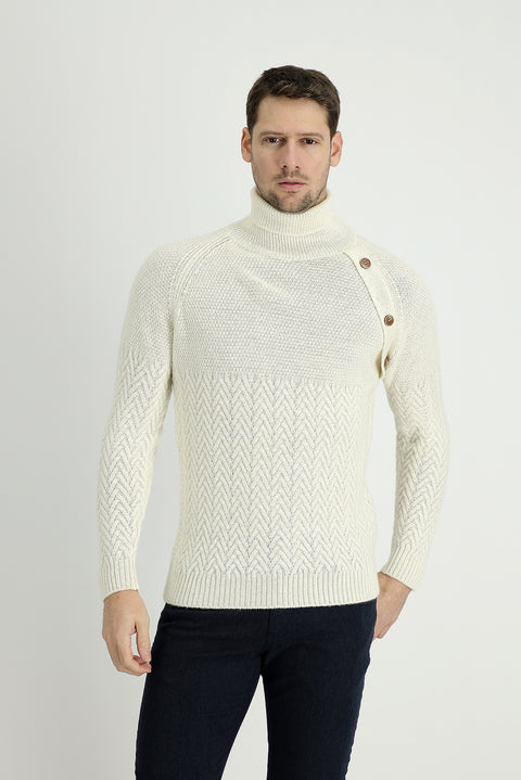Off-white Turtleneck Slim Fit Patterned Wool Knit Sweater