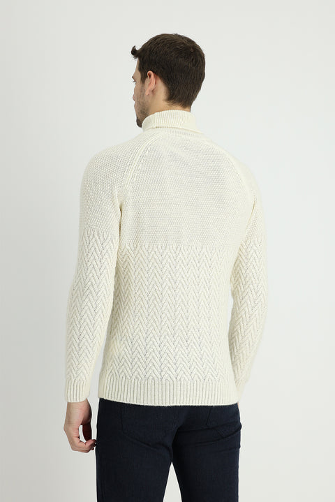 Off-white Turtleneck Slim Fit Patterned Wool Knit Sweater