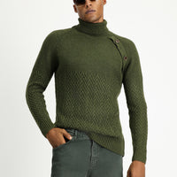 Medium Khaki Turtleneck Slim Fit Narrow Cut Patterned Wool Knit Sweater