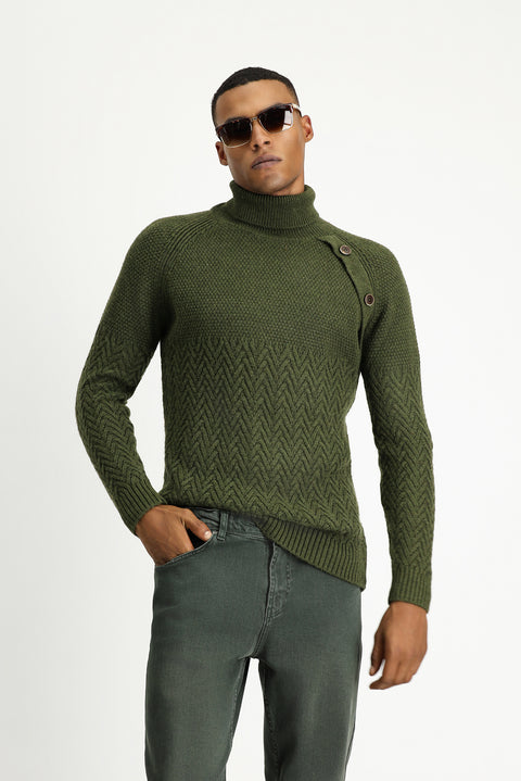 Medium Khaki Turtleneck Slim Fit Narrow Cut Patterned Wool Knit Sweater
