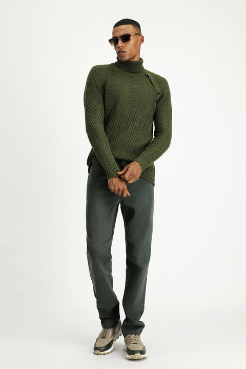Medium Khaki Turtleneck Slim Fit Narrow Cut Patterned Wool Knit Sweater