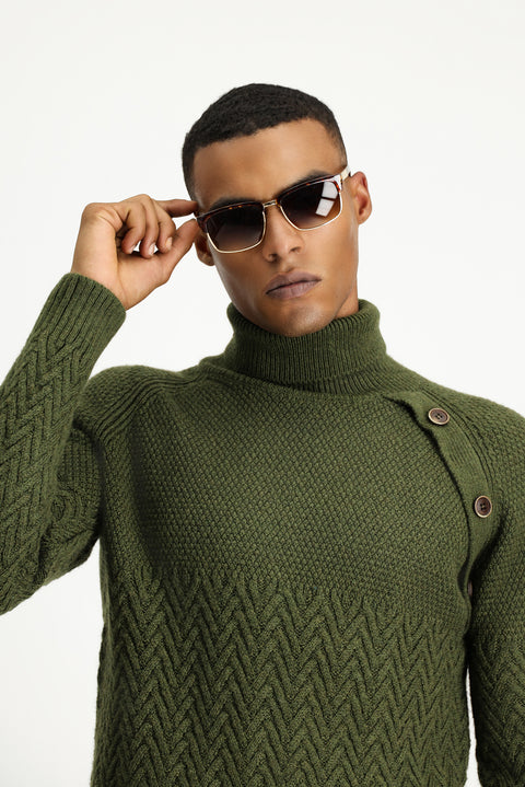 Medium Khaki Turtleneck Slim Fit Narrow Cut Patterned Wool Knit Sweater