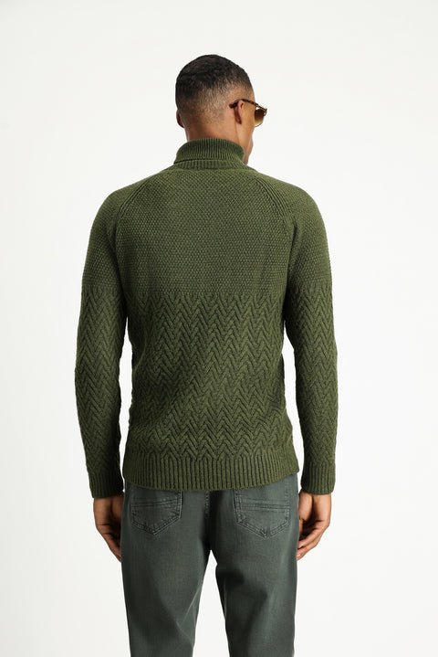 Medium Khaki Turtleneck Slim Fit Narrow Cut Patterned Wool Knit Sweater