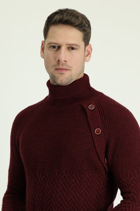 Dark Burgundy Turtleneck Slim Fit Patterned Wool Knit Sweater