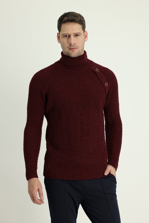 Dark Burgundy Turtleneck Slim Fit Patterned Wool Knit Sweater