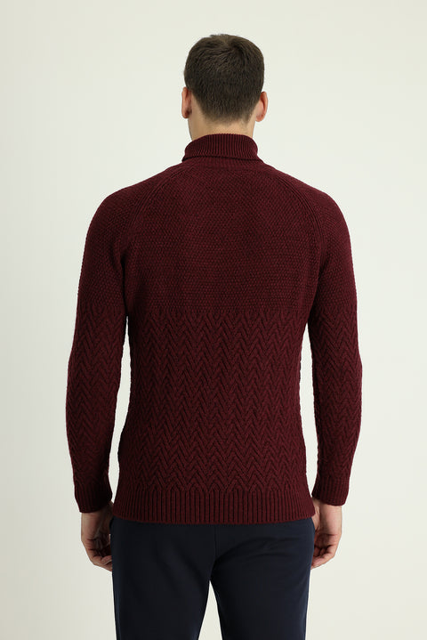 Dark Burgundy Turtleneck Slim Fit Patterned Wool Knit Sweater