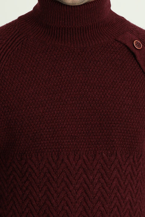 Dark Burgundy Turtleneck Slim Fit Patterned Wool Knit Sweater