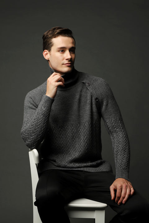 Medium Grey Melange Turtleneck Slim Fit Narrow Cut Patterned Wool Knit Sweater