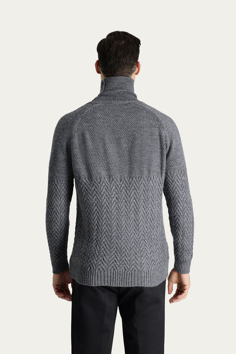 Medium Grey Melange Turtleneck Slim Fit Narrow Cut Patterned Wool Knit Sweater
