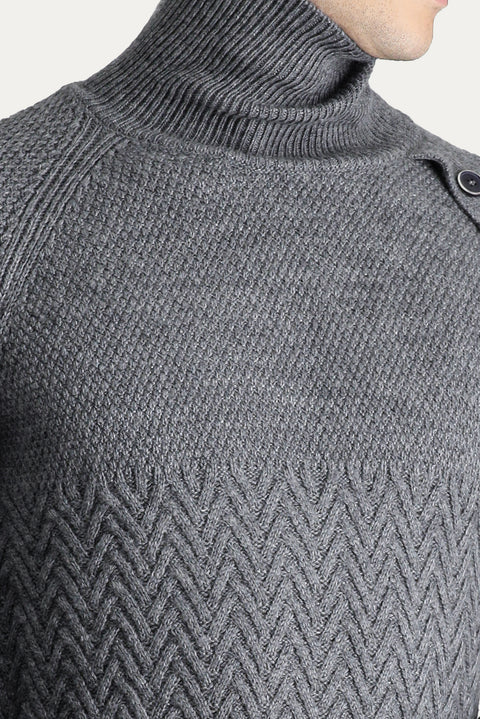 Medium Grey Melange Turtleneck Slim Fit Narrow Cut Patterned Wool Knit Sweater