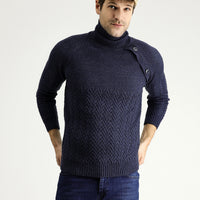 Medium Navy Melange Turtleneck Slim Fit Patterned Wool Knit Sweater