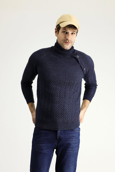 Medium Navy Melange Turtleneck Slim Fit Patterned Wool Knit Sweater