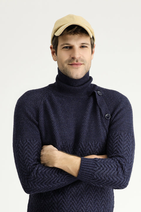 Medium Navy Melange Turtleneck Slim Fit Patterned Wool Knit Sweater