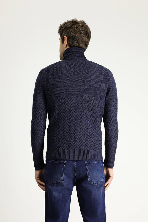 Medium Navy Melange Turtleneck Slim Fit Patterned Wool Knit Sweater