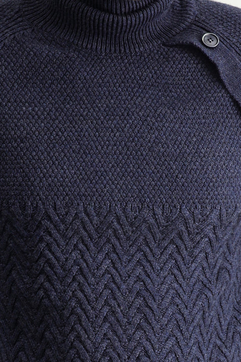 Medium Navy Melange Turtleneck Slim Fit Patterned Wool Knit Sweater