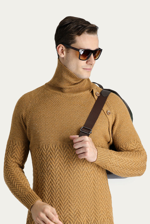Camel Turtleneck Slim Fit Patterned Wool Knit Sweater