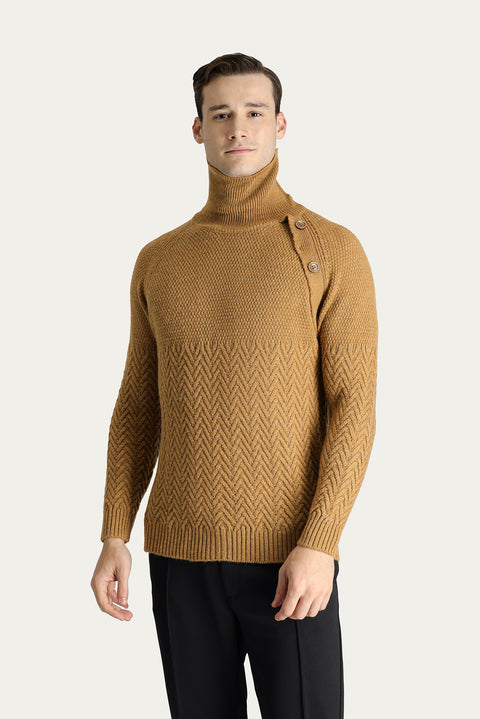 Camel Turtleneck Slim Fit Patterned Wool Knit Sweater