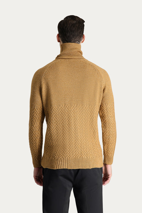 Camel Turtleneck Slim Fit Patterned Wool Knit Sweater
