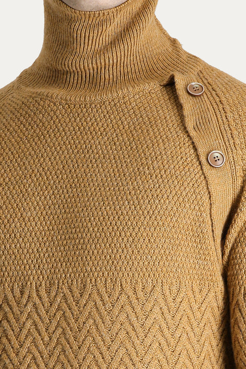 Camel Turtleneck Slim Fit Patterned Wool Knit Sweater