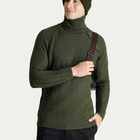 Medium Khaki Turtleneck Slim Fit Narrow Cut Patterned Wool Knit Sweater