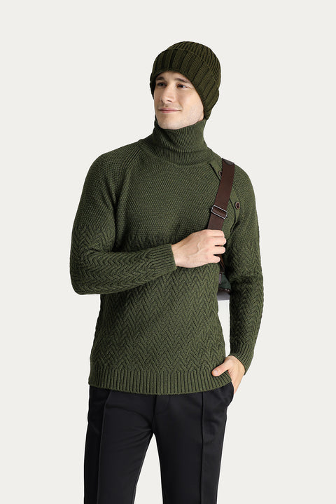 Medium Khaki Turtleneck Slim Fit Narrow Cut Patterned Wool Knit Sweater