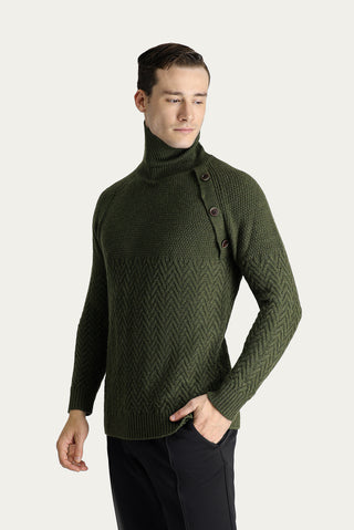  Orta Haki Balıkçı Yaka Slim Fit Dar Kesim Desenli Yünlü Triko Kazak