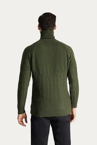  Orta Haki Balıkçı Yaka Slim Fit Dar Kesim Desenli Yünlü Triko Kazak