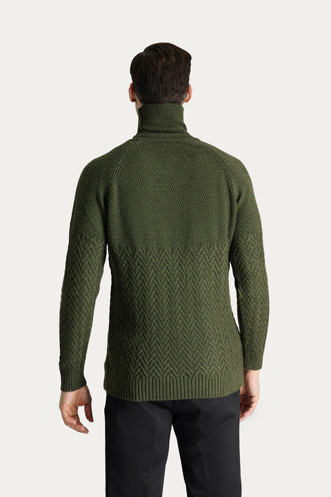 Medium Khaki Turtleneck Slim Fit Narrow Cut Patterned Wool Knit Sweater