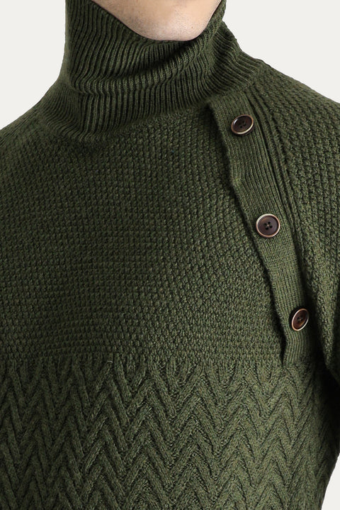 Medium Khaki Turtleneck Slim Fit Narrow Cut Patterned Wool Knit Sweater