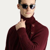 Dark Burgundy Turtleneck Slim Fit Patterned Wool Knit Sweater