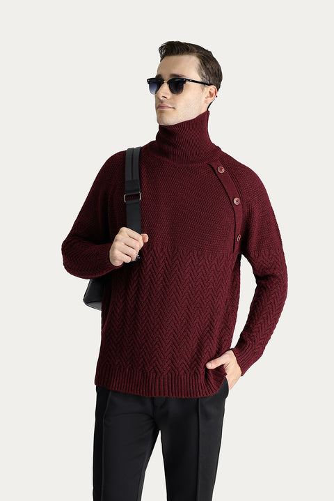 Dark Burgundy Turtleneck Slim Fit Patterned Wool Knit Sweater