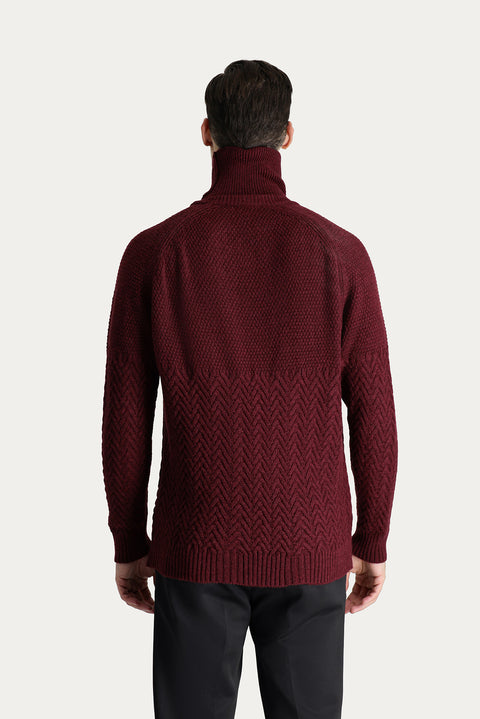 Dark Burgundy Turtleneck Slim Fit Patterned Wool Knit Sweater