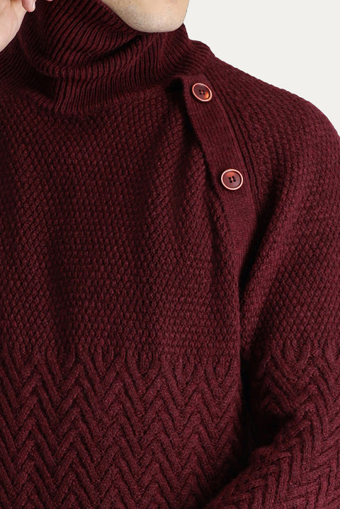 Dark Burgundy Turtleneck Slim Fit Patterned Wool Knit Sweater